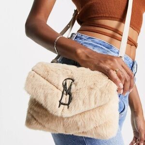 Steve Madden Btoy small quilted cross body bag in taupe faux fur